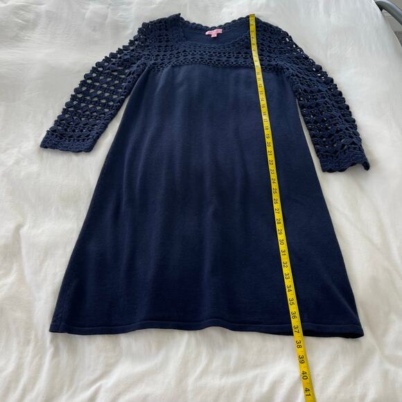 Lilly Pulitzer Sweater Shift Kariana Crochet Navy 100% Wool Dress, Size Large - Picture 7 of 11